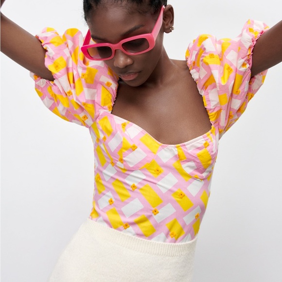 Zara printed poplin bodysuit with puffy sleeves NWT - Picture 6 of 9